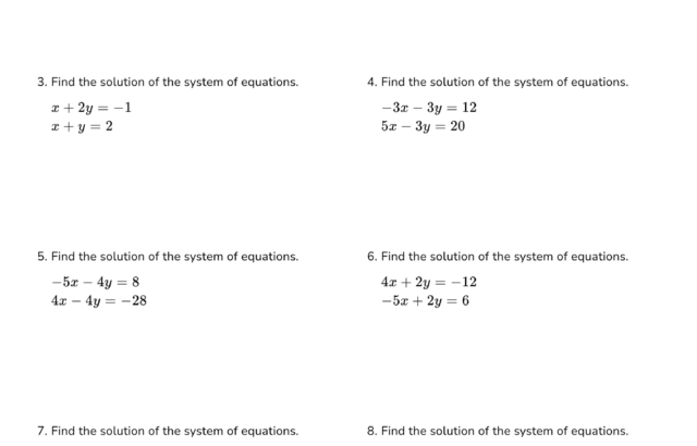 Math worksheet with linear equation systems and blanks