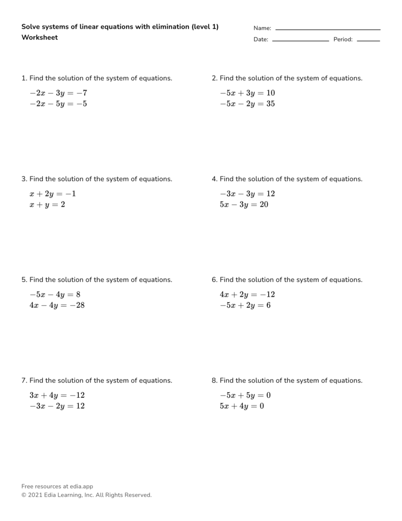 Math worksheet with linear equation systems and blanks