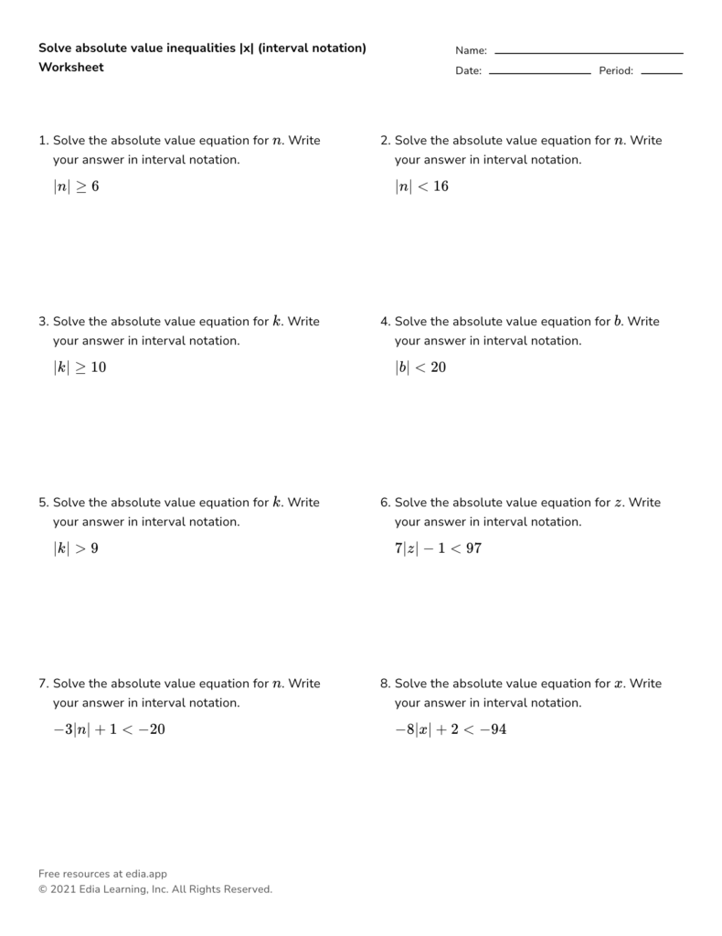 Absolute value inequalities worksheet with eight problems