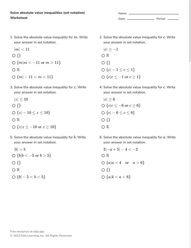 Math worksheet with absolute value inequalities