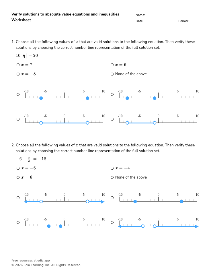 Absolute value equations worksheet with number lines and answer choices