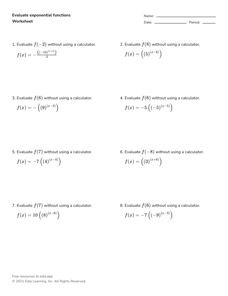 Exponential functions worksheet with eight problems