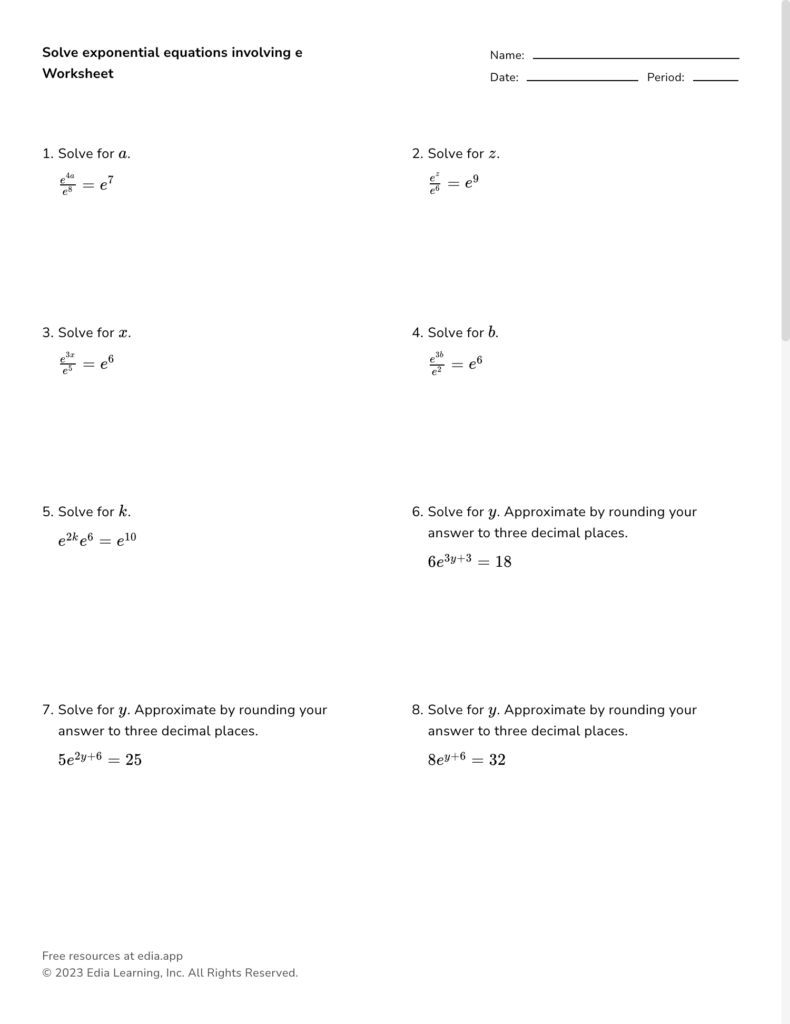 Exponential equations worksheet with eight problems and blanks