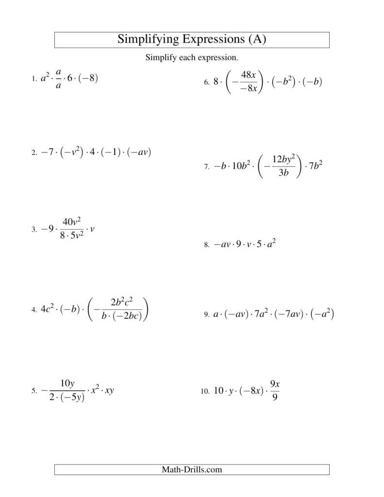 Math worksheet titled simplifying expressions with ten problems