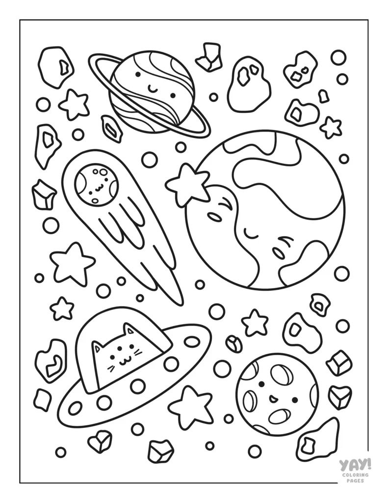 Cute space-themed coloring page with planets, stars, asteroid rocks