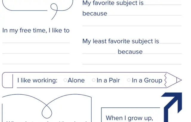 Blank student survey worksheet with prompts and icons