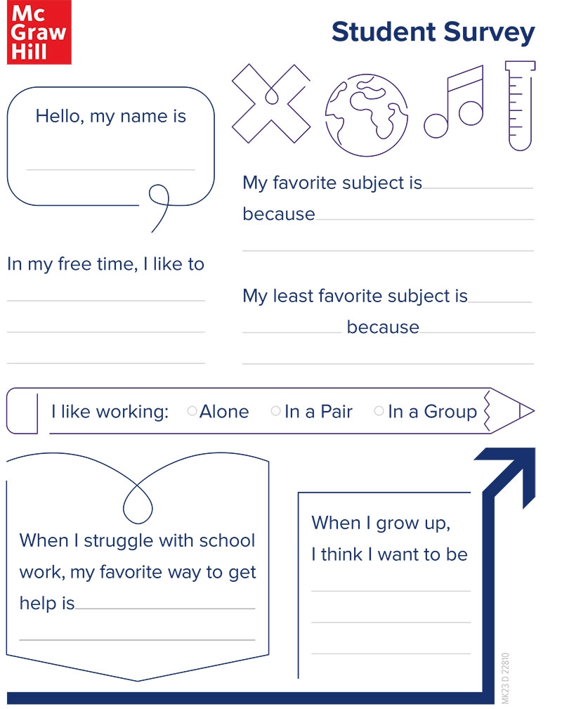 Blank student survey worksheet with prompts and icons
