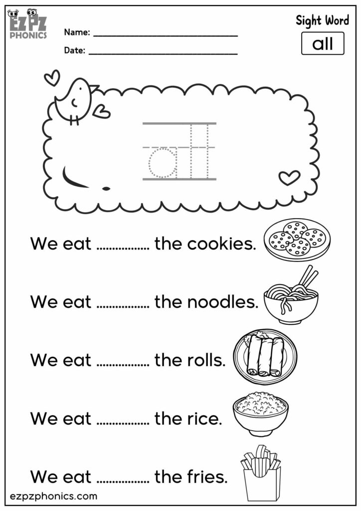 Sight word worksheet with bird and food pictures