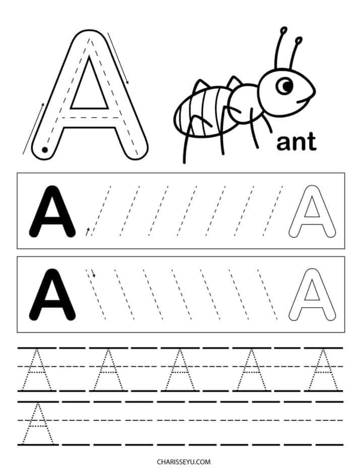 Alphabet tracing worksheet with letter A and ant illustration