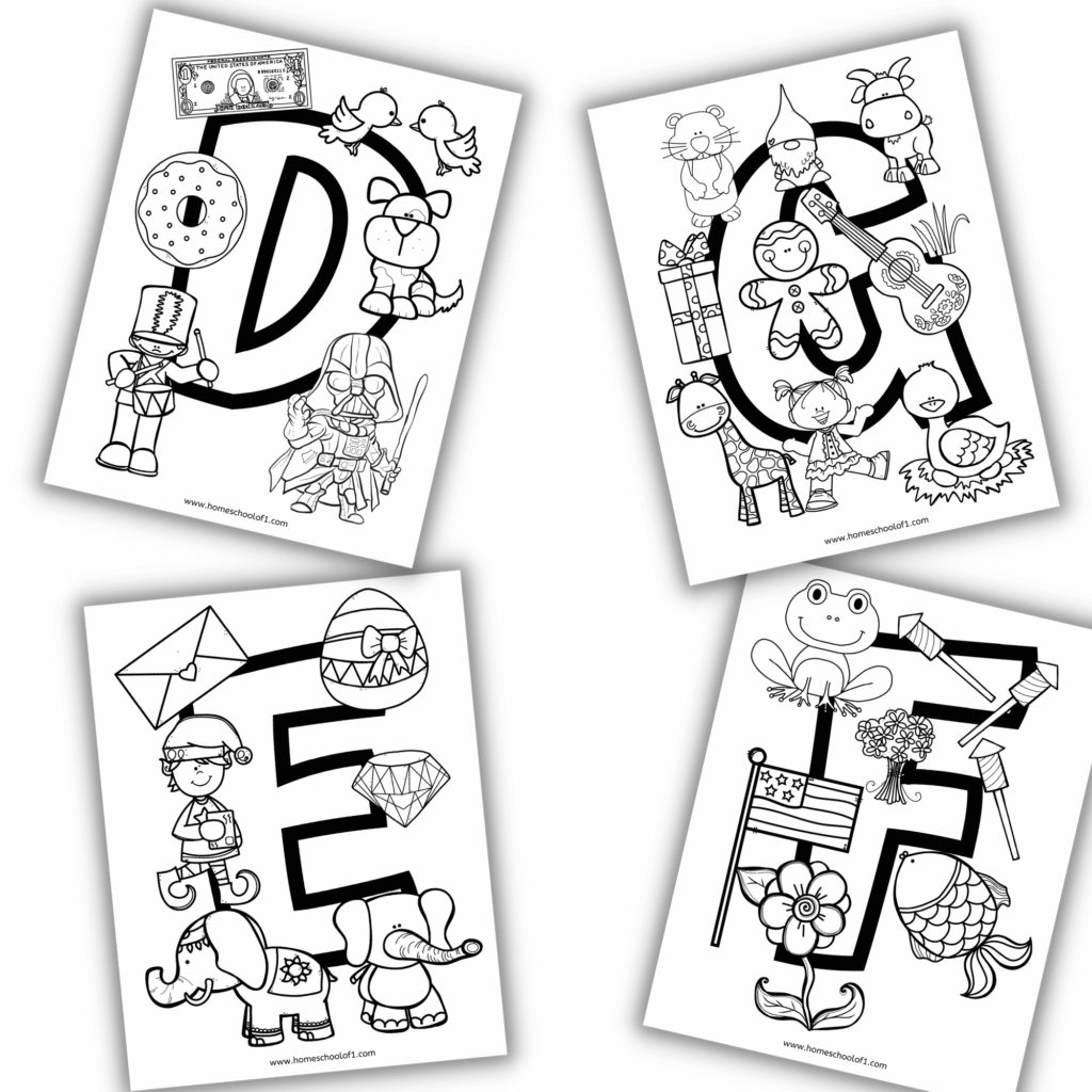 Four alphabet worksheets showing large letters D through G
