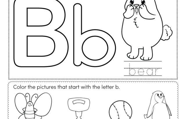 Letter B coloring worksheet with bear and letter practice
