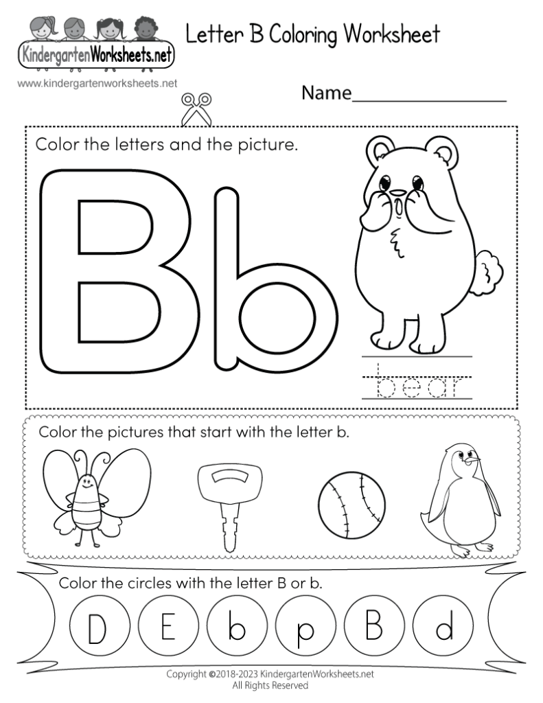 Letter B coloring worksheet with bear and letter practice