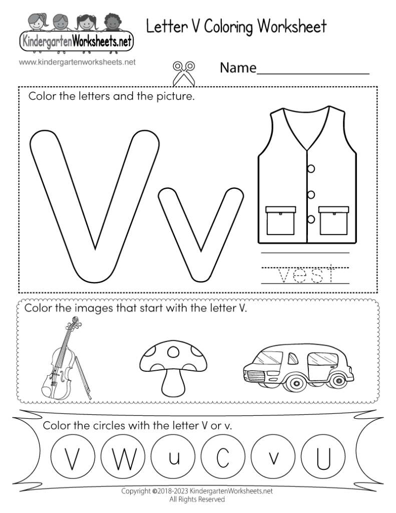 Letter V coloring worksheet with vest and violin drawings