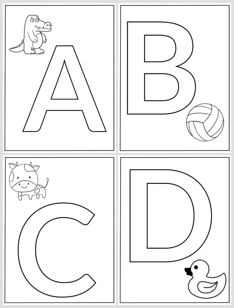 Alphabet coloring pages with A, B, C, D and animals