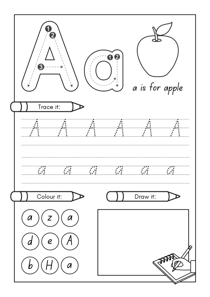 Alphabet tracing worksheet with apple and letter A exercises