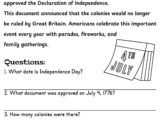 Fourth of July reading worksheet with questions and blank lines