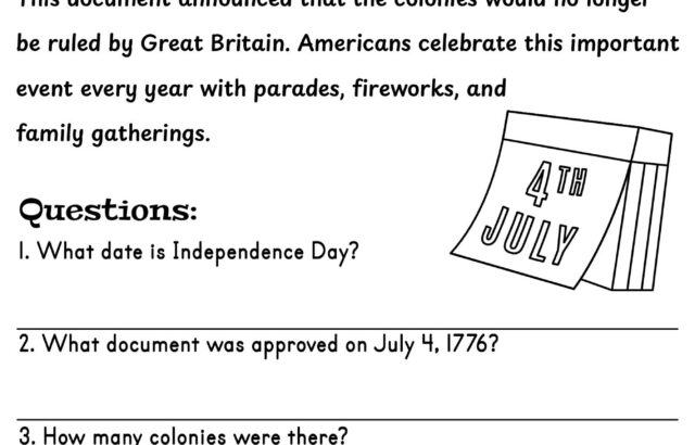Fourth of July reading worksheet with questions and blank lines