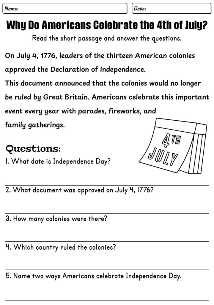 Fourth of July reading worksheet with questions and blank lines