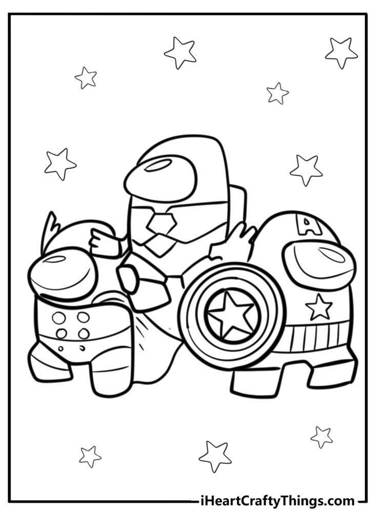 Black-and-white cartoon astronauts with stars and shield