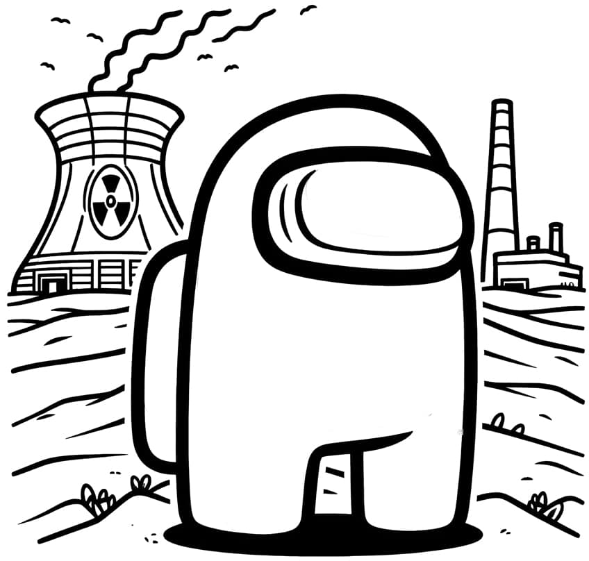 Cartoon crewmate in front of nuclear power plant