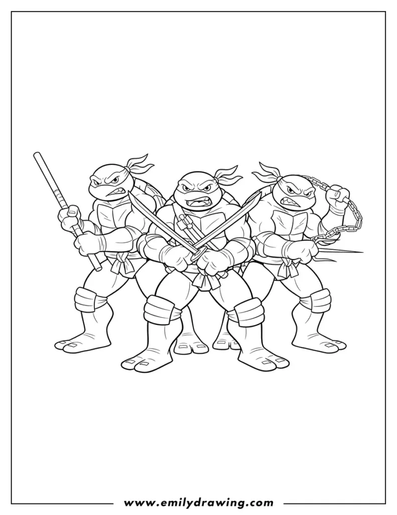 Black-and-white cartoon turtles holding weapons inside border