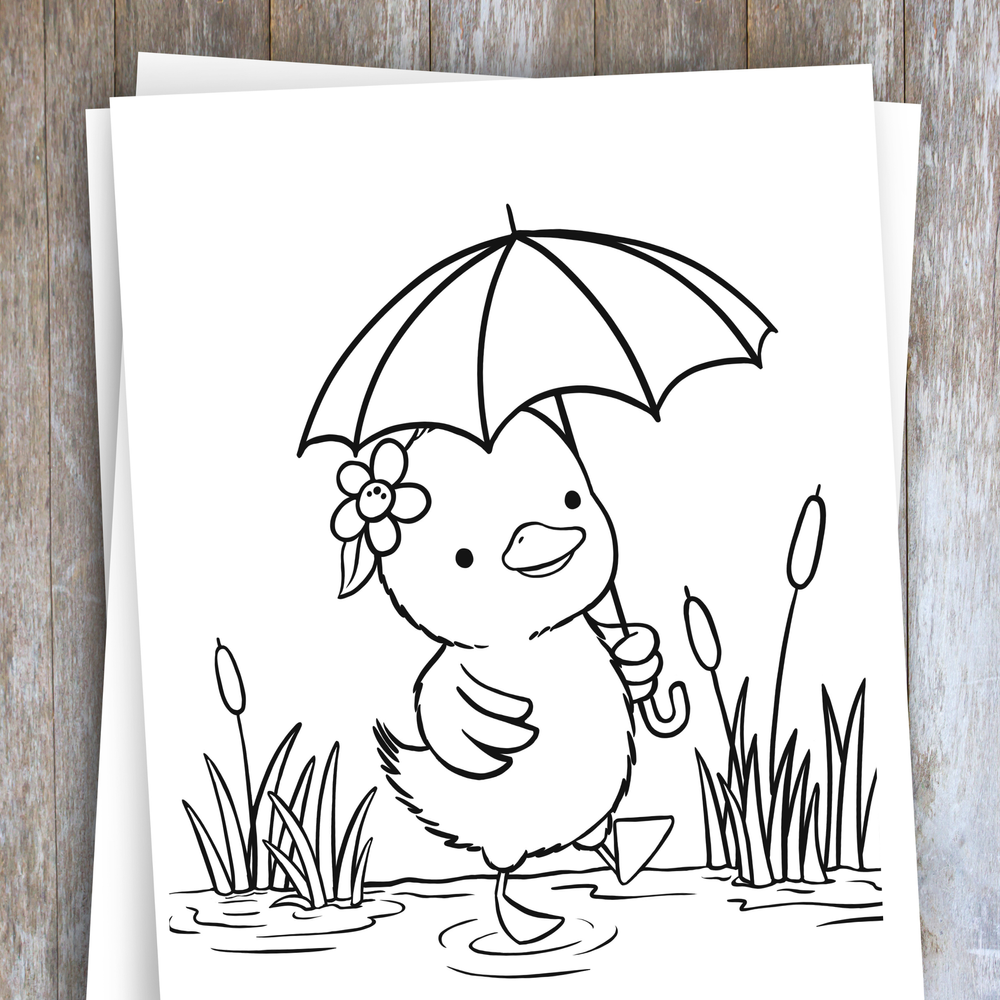 Duckling holding umbrella in marsh grass
