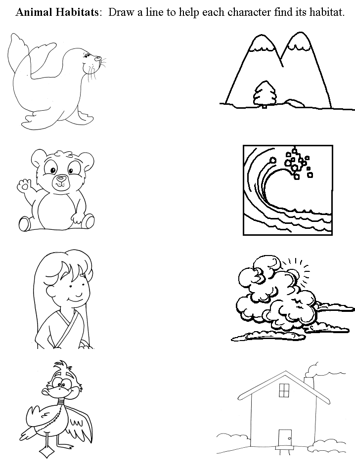 Animal habitats worksheet with animals and habitat drawings