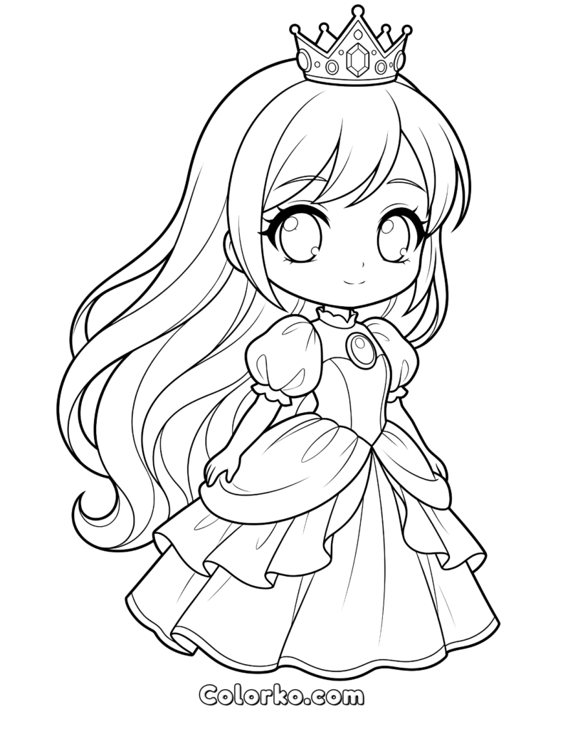 Cartoon princess girl with crown and long dress