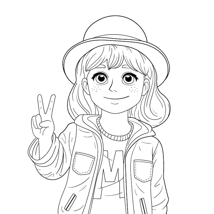 Line art girl in hat holding up peace sign