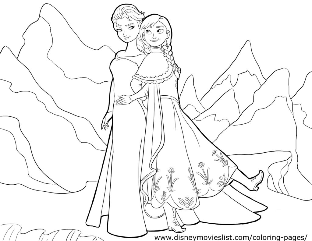Black-and-white line drawing of two girls in mountains