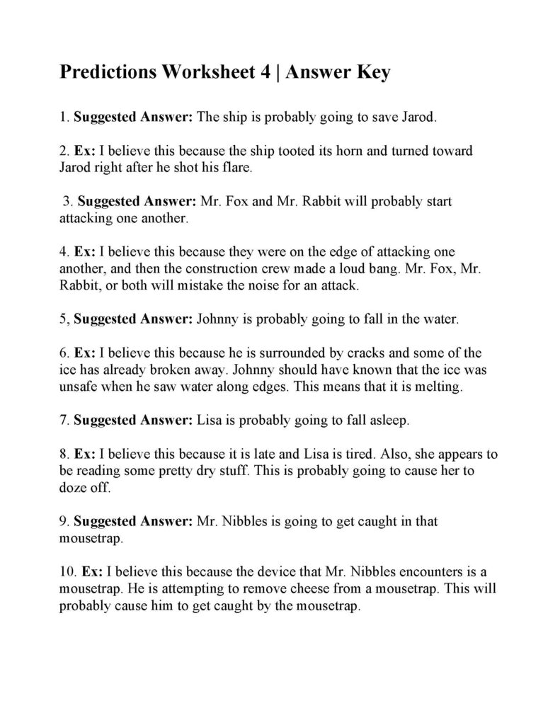 Printed worksheet answer key with numbered predictions text