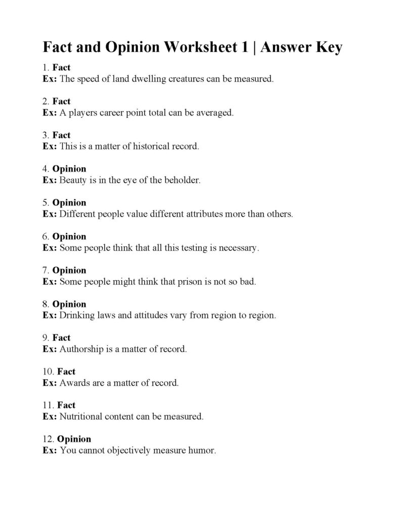 Fact and opinion worksheet answer key page