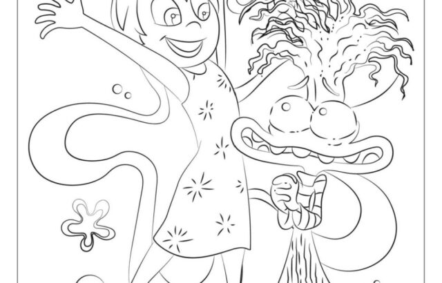 Black-and-white cartoon coloring page of Anxiety and Joy