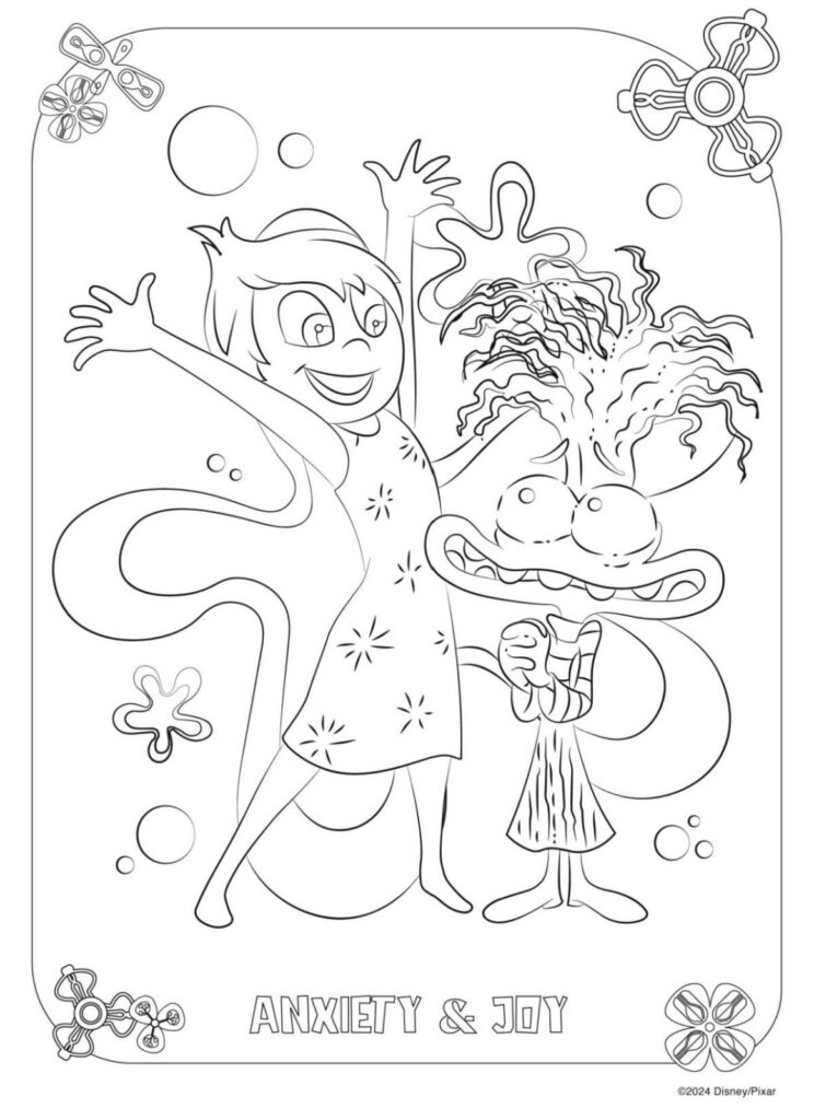 Black-and-white cartoon coloring page of Anxiety and Joy
