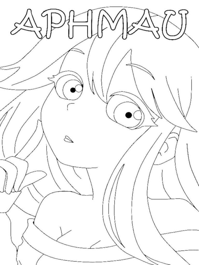 Anime-style coloring page with APHMAU text and girl face close-up