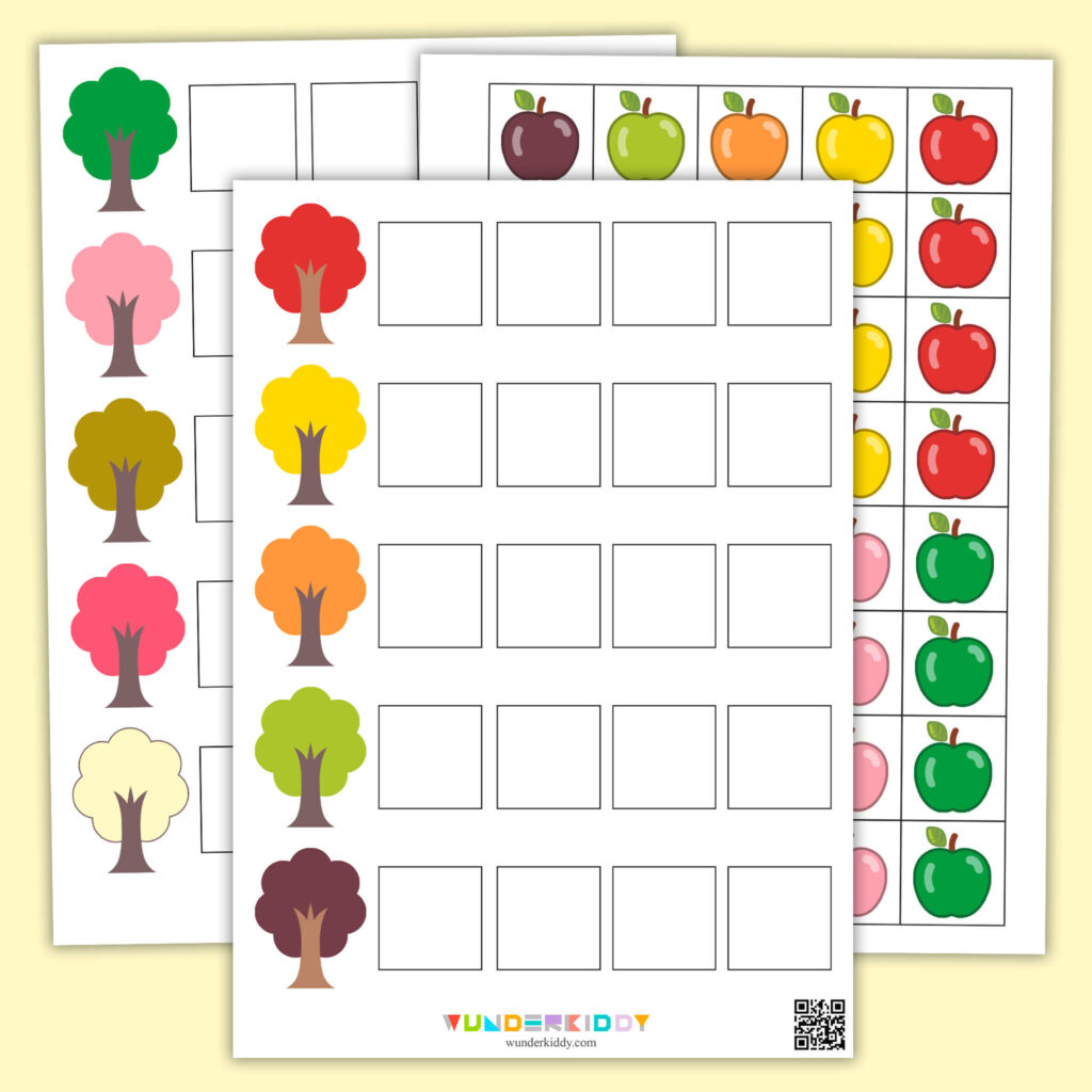 Colorful tree and apple sorting worksheets with blank boxes