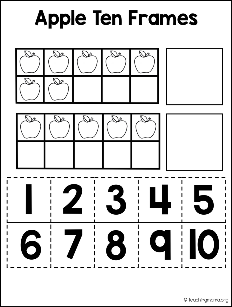 Apple ten frames worksheet with apples and numbers 1-10