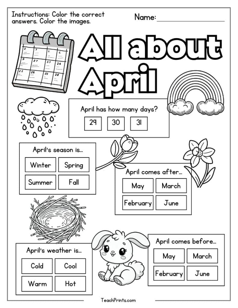 April worksheet with calendar, weather, and season questions