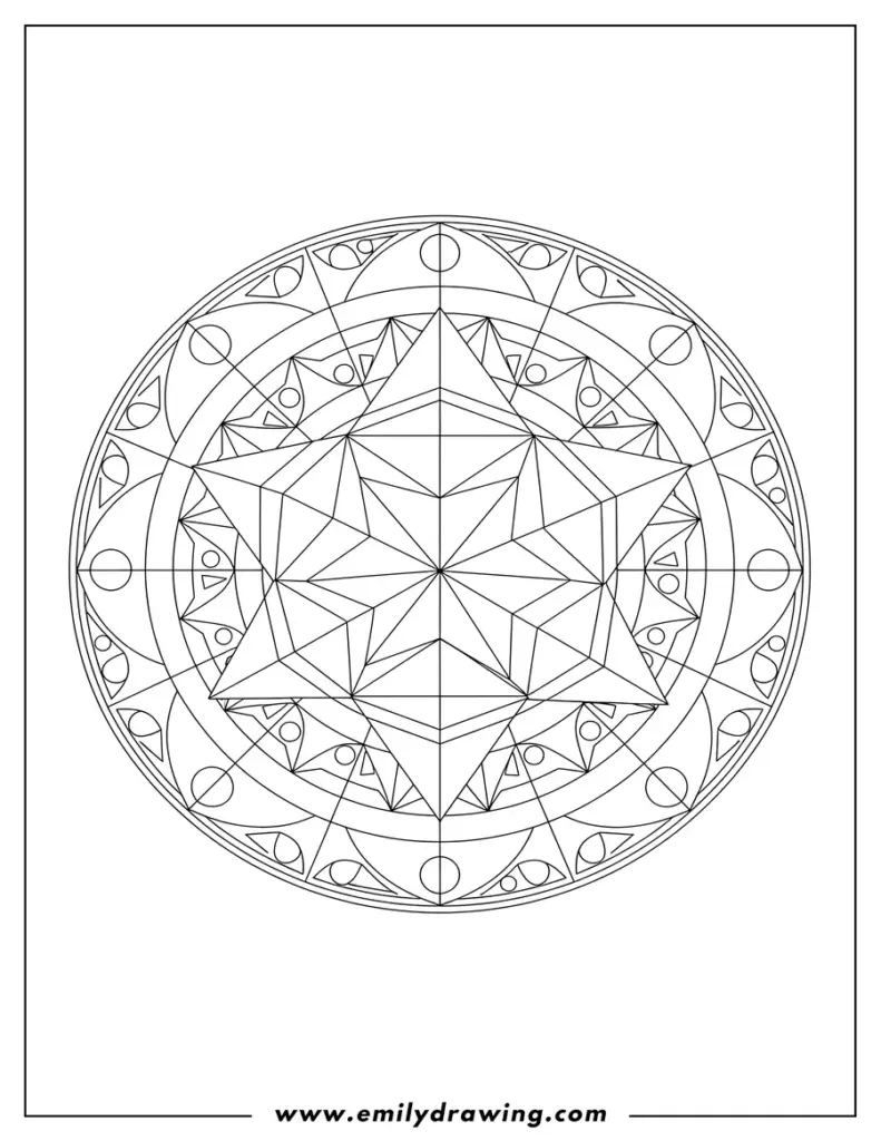 Geometric mandala line drawing on white page