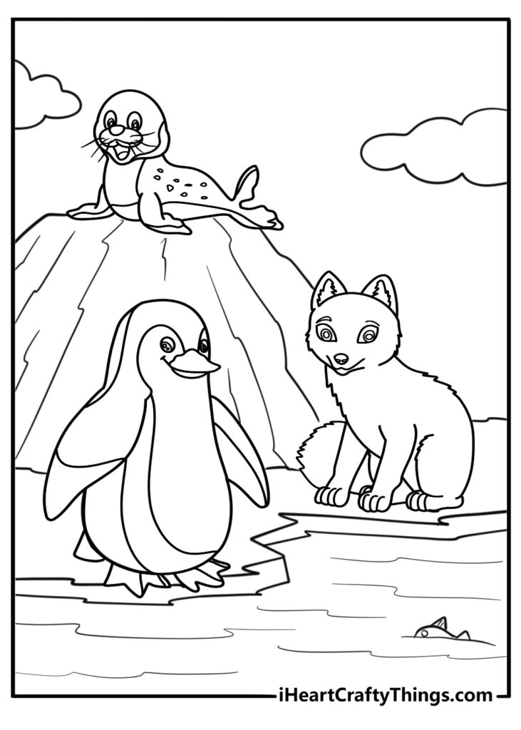 Black-and-white cartoon of seal, penguin, and fox on ice
