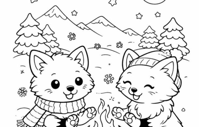 Two cartoon arctic foxes sit by campfire in snow