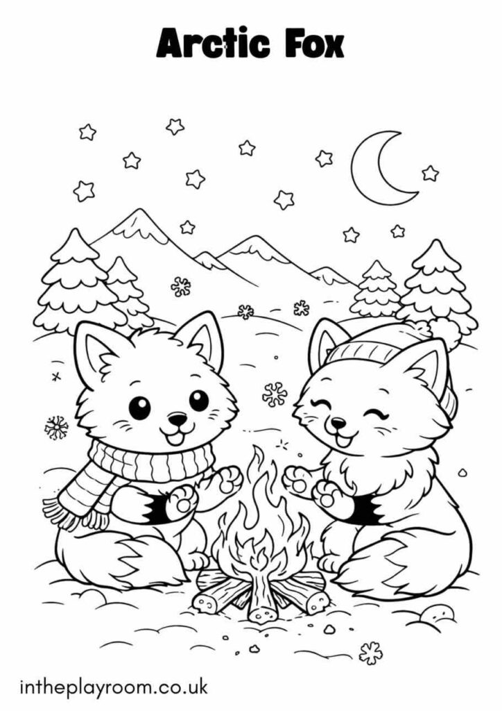 Two cartoon arctic foxes sit by campfire in snow