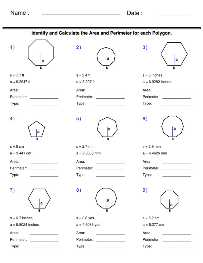 Geometry worksheet with nine labeled polygons and blanks