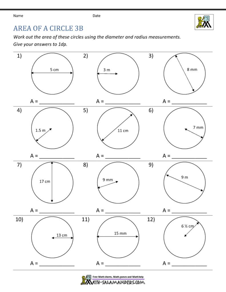Math worksheet with twelve circle area problems