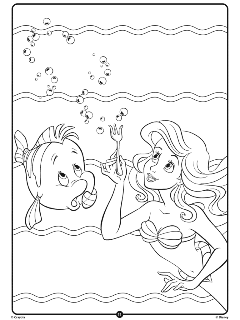 Black-and-white coloring page of mermaid and fish underwater