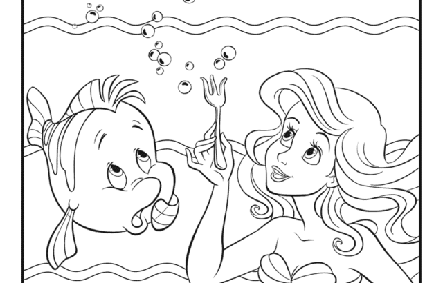 Coloring page of mermaid and fish underwater