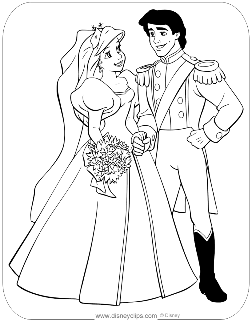 Black-and-white princess and prince wedding coloring page