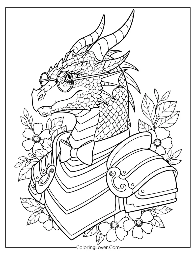 Line art dragon wearing glasses and armor, surrounded by flowers