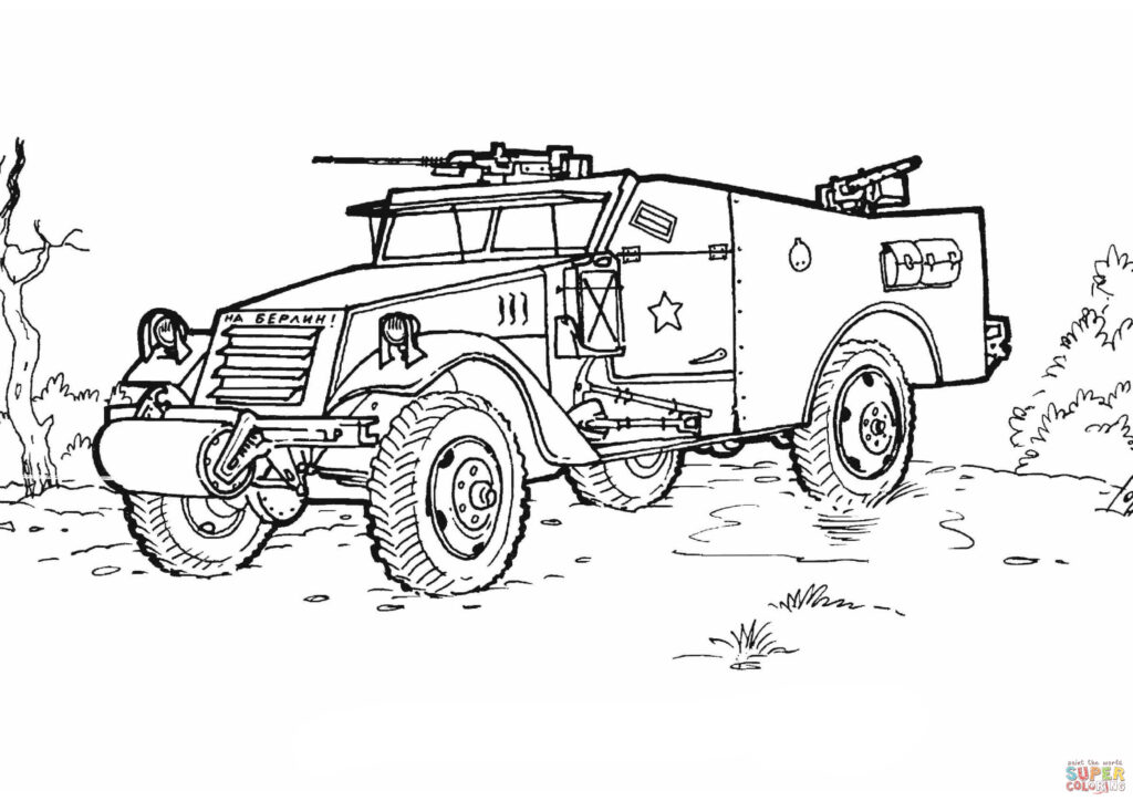 Black-and-white drawing of an armored military vehicle outdoors