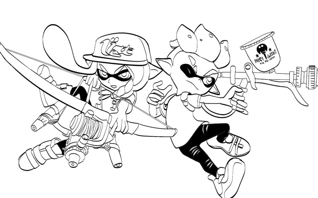 Black-and-white cartoon of two armed inkling characters fighting